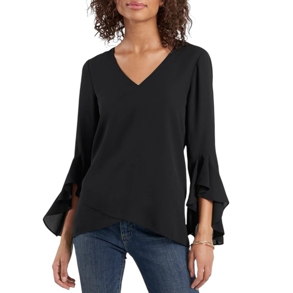 Women’s Blouse Karen Kane Asymmetrical Black Crepe 3/4 Flutter Sleeve V-Neck Top - Picture 1 of 7